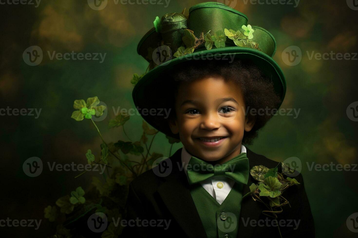 Portrait of a smiling boy in a leprechaun costume. St. Patrick's Day. AI generated photo