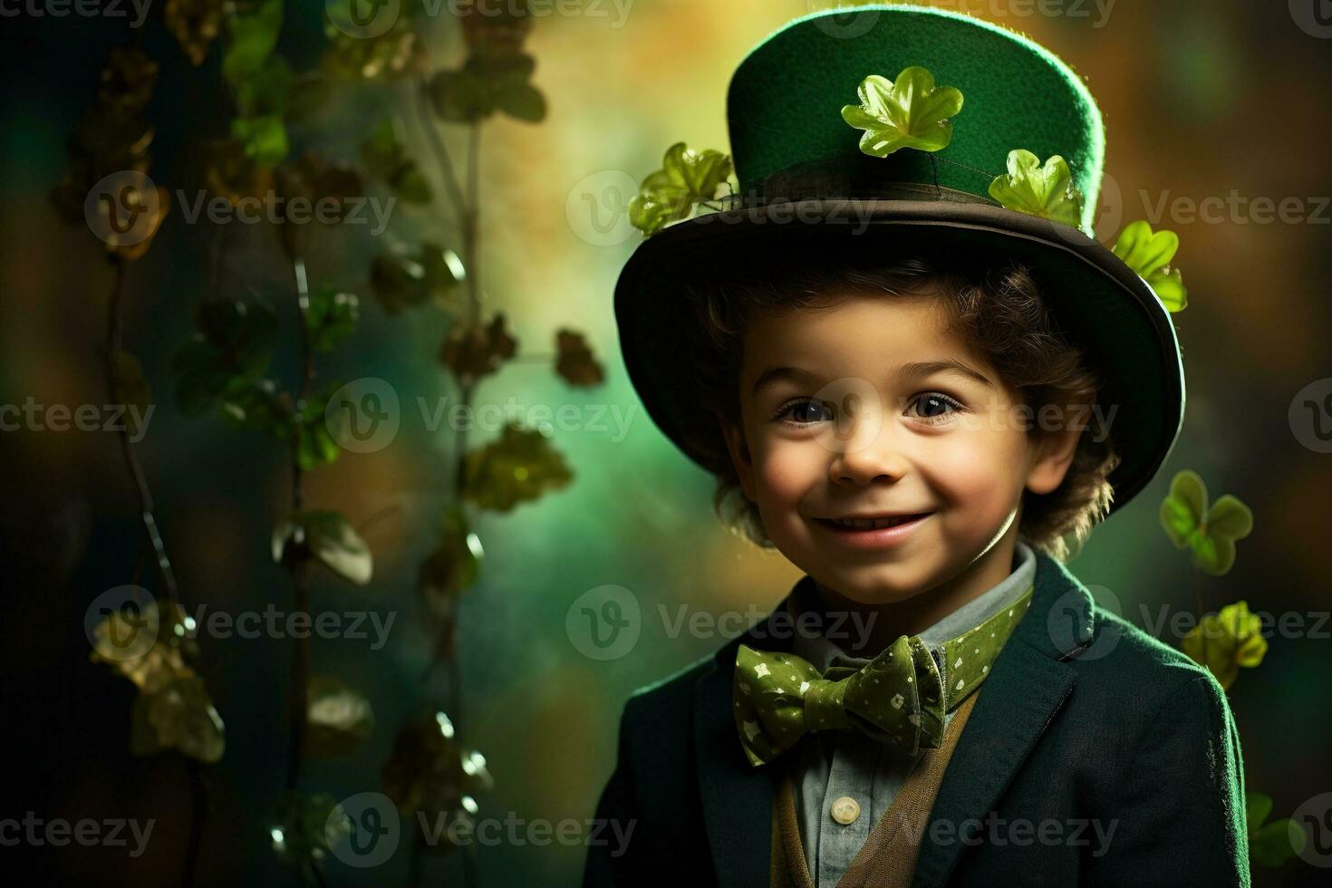 Portrait of a smiling boy in a leprechaun costume. St. Patrick's Day. AI generated photo