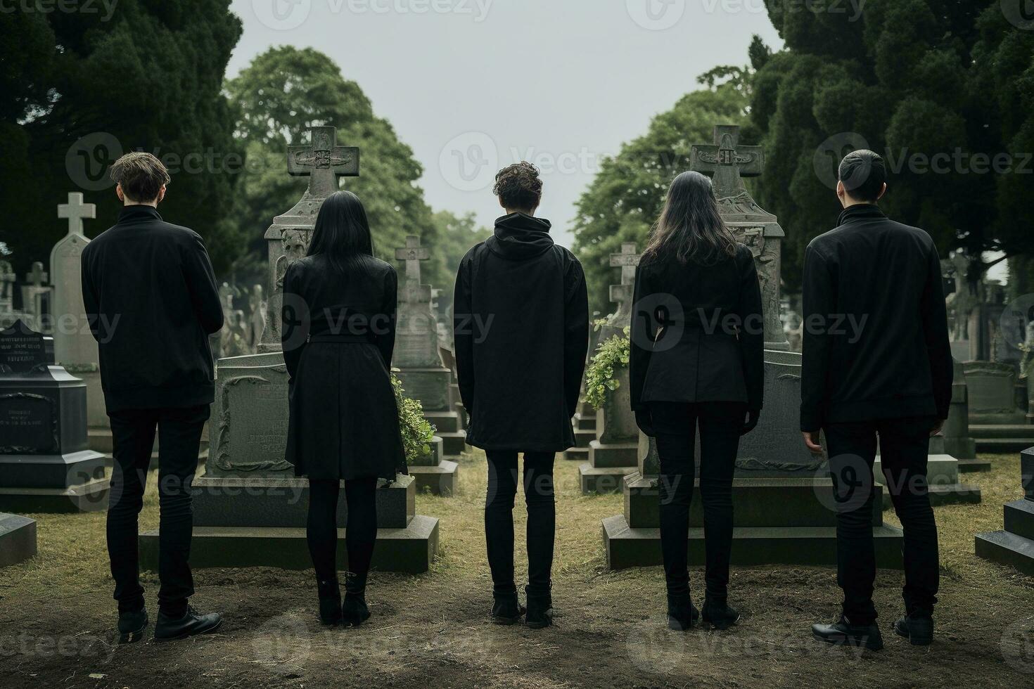 A group of young people in a cemetery looking at the tombstones AI generated photo