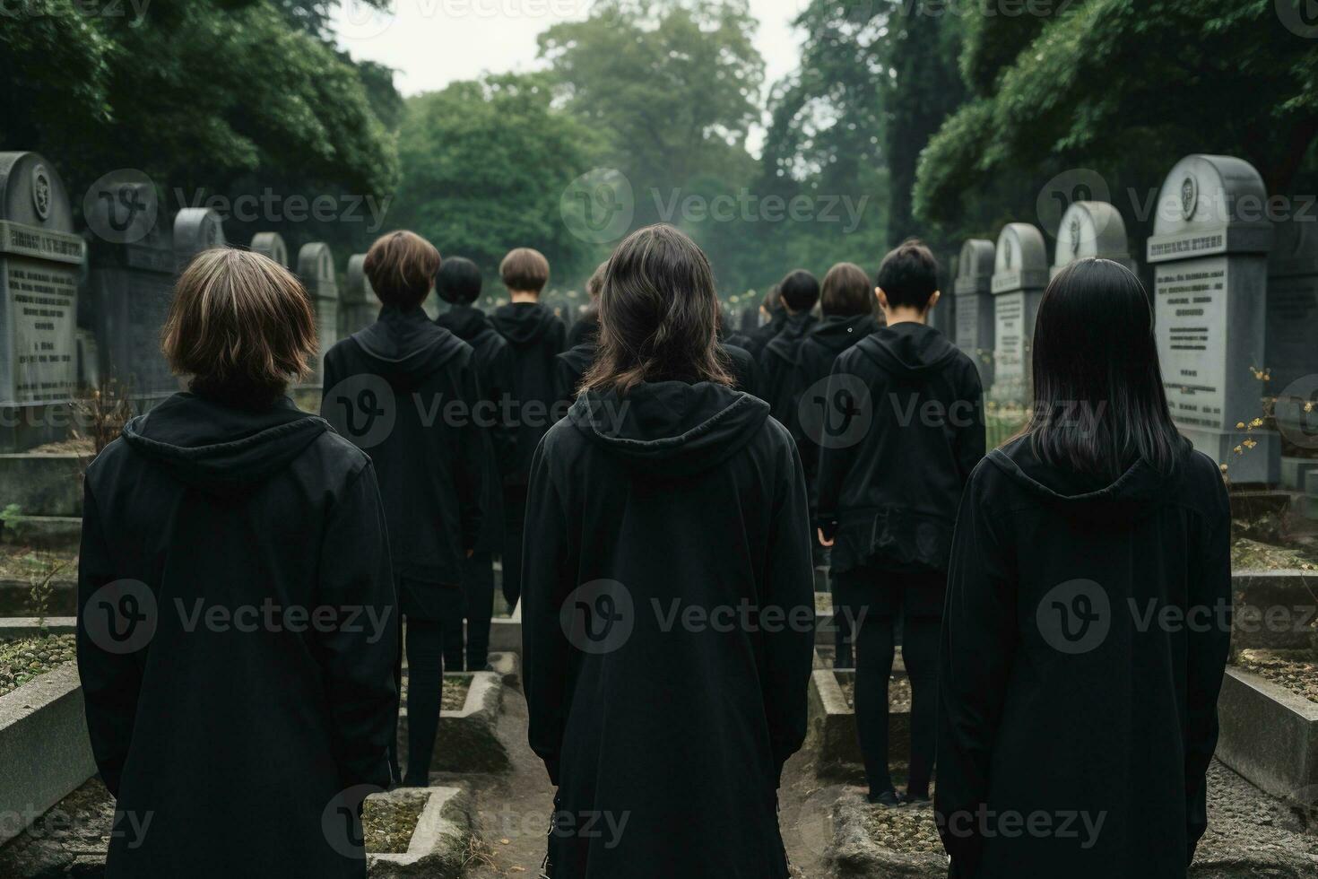 A group of young people in a cemetery looking at the tombstones AI generated photo