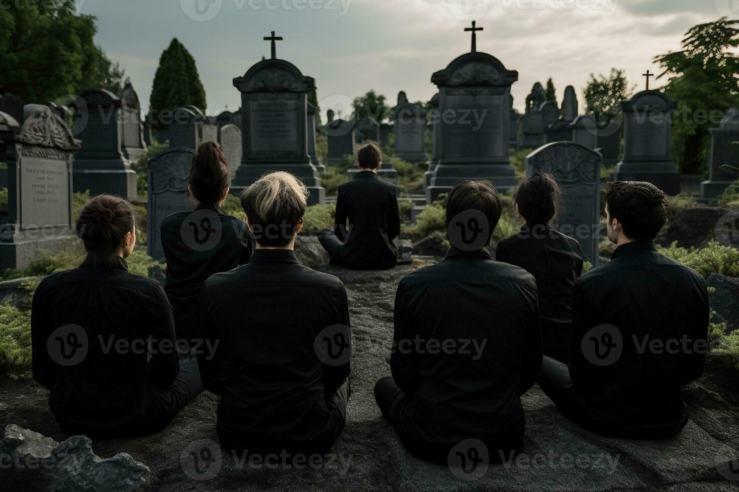 A group of young people in a cemetery looking at the tombstones AI generated photo