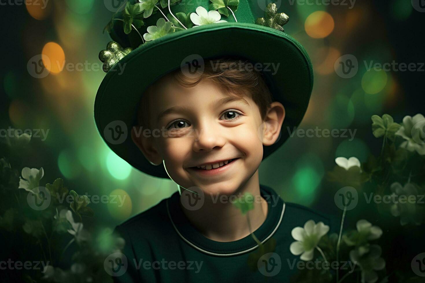 Portrait of a smiling boy in a leprechaun costume. St. Patrick's Day. AI generated photo