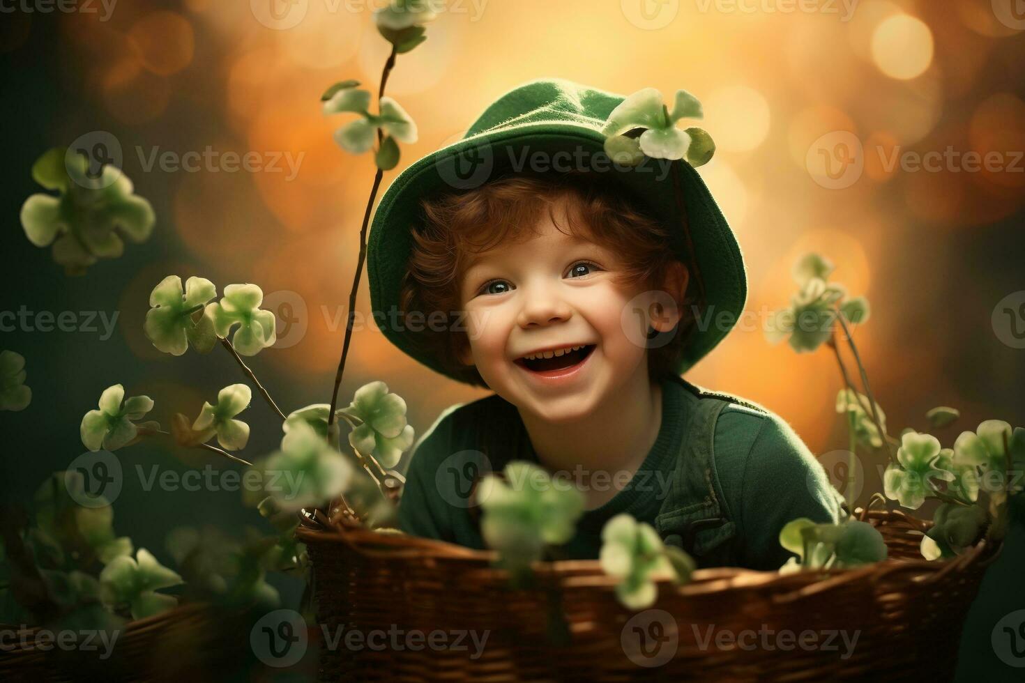 Portrait of a smiling boy in a leprechaun costume. St. Patrick's Day. AI generated photo