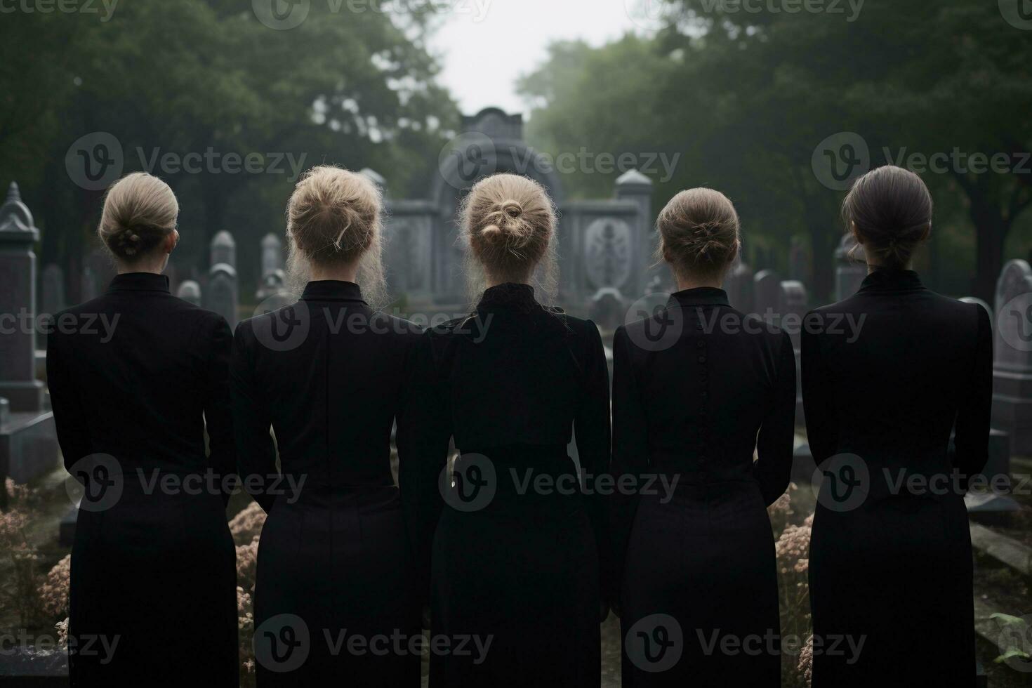 A group of young people in a cemetery looking at the tombstones AI generated photo