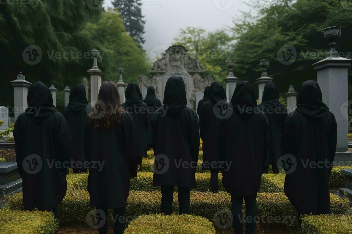 un grupo de joven personas en un cementerio mirando a el lápidas ai generado foto