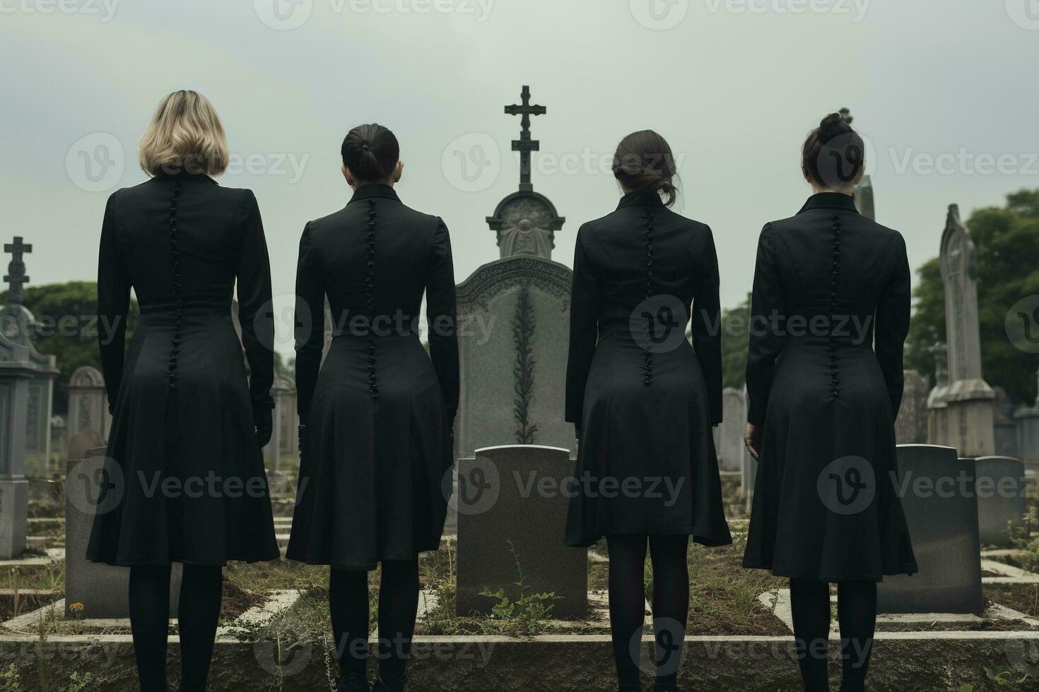 A group of young people in a cemetery looking at the tombstones AI generated photo