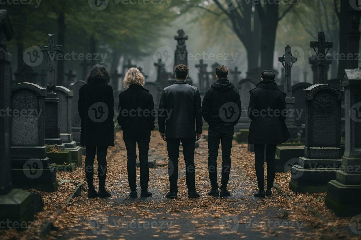 A group of young people in a cemetery looking at the tombstones AI generated photo