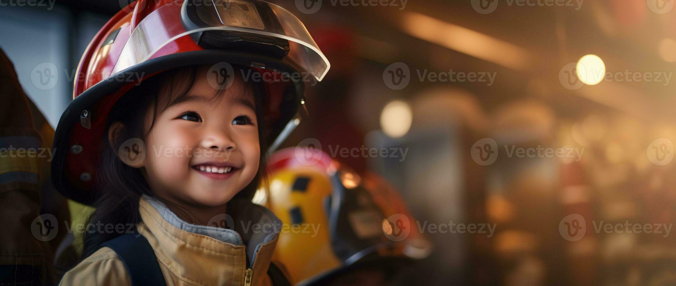 Portrait of smiling asian little girl wearing firefighter uniform standing in fire truck. AI generated photo