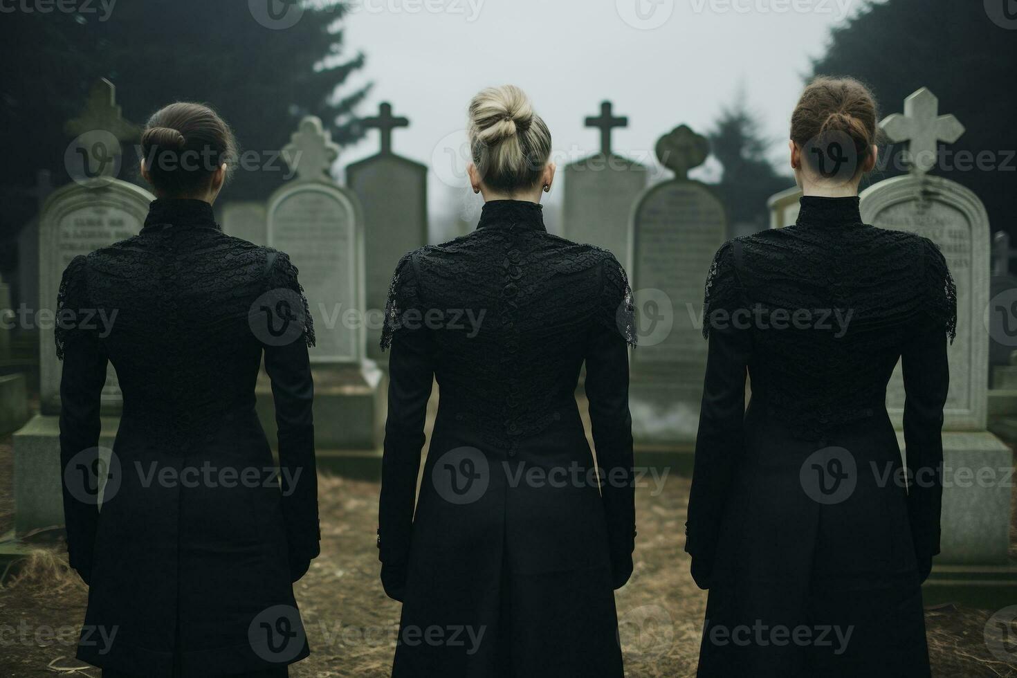 A group of young people in a cemetery looking at the tombstones AI generated photo