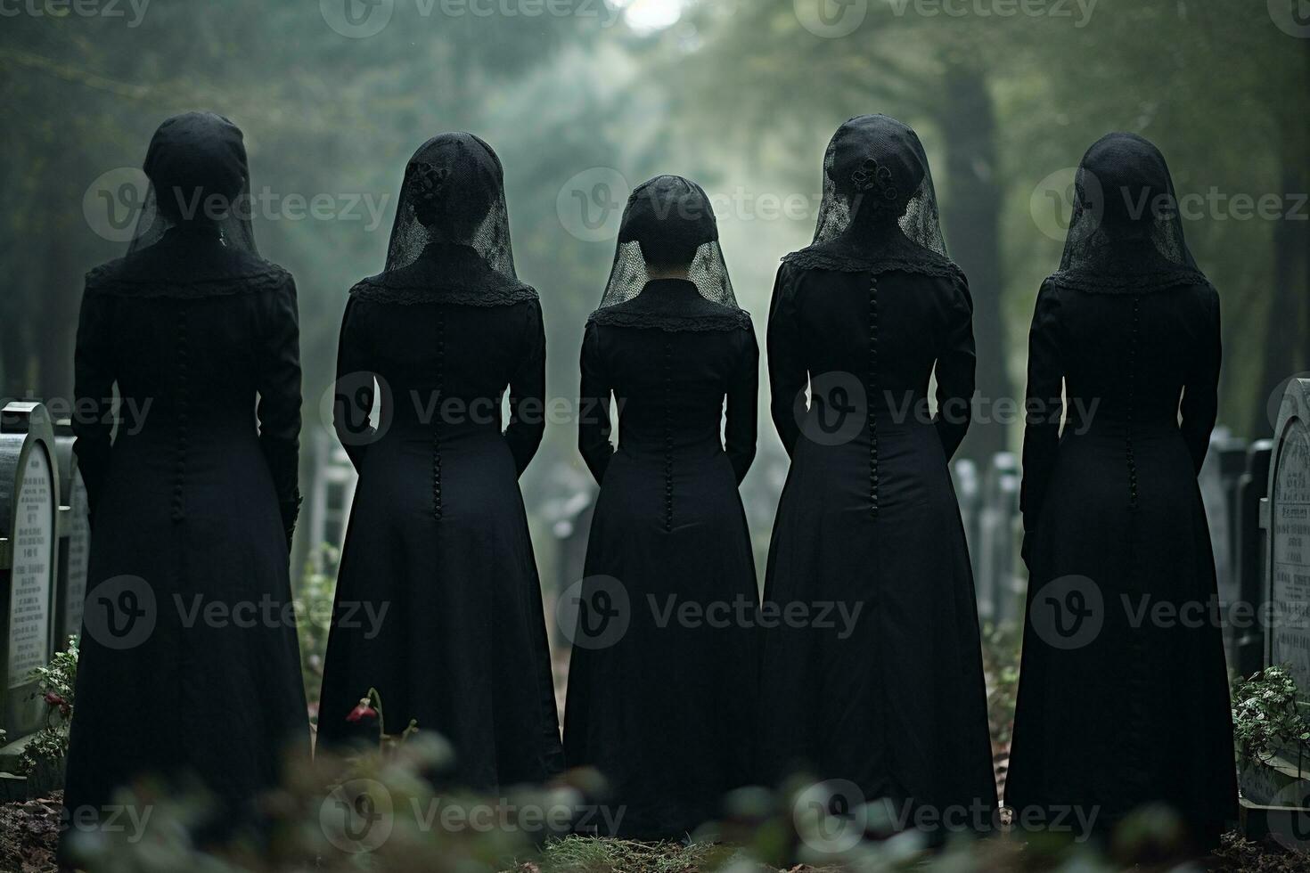 A group of young people in a cemetery looking at the tombstones AI generated photo