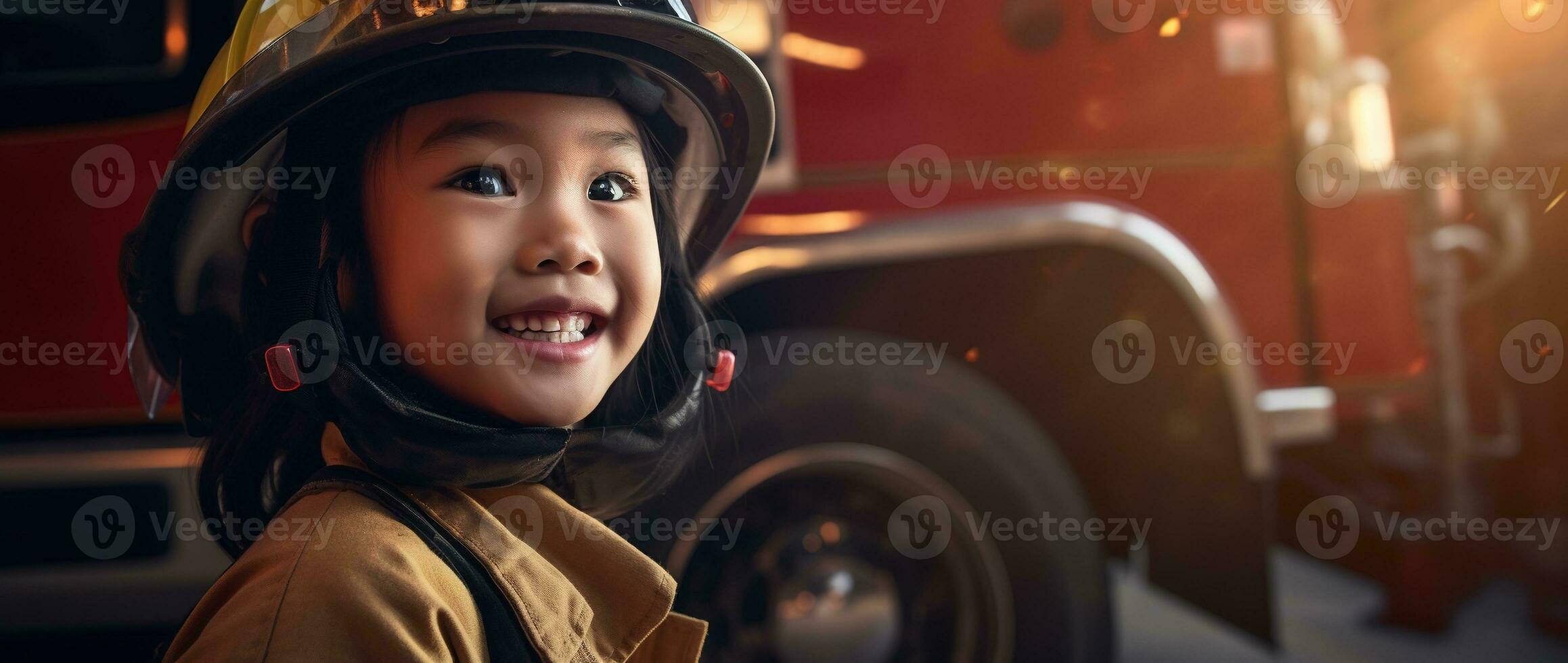 Portrait of smiling asian little girl wearing firefighter uniform standing in fire truck. AI generated photo