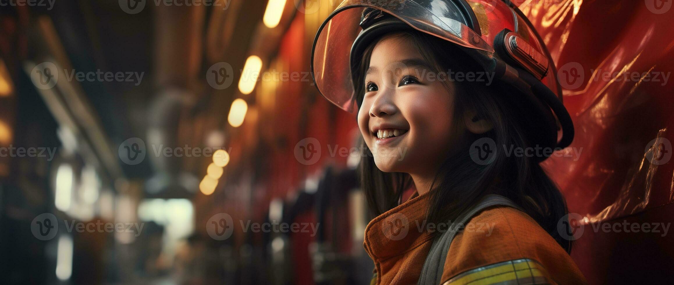 Portrait of smiling asian little girl wearing firefighter uniform standing in fire truck. AI generated photo