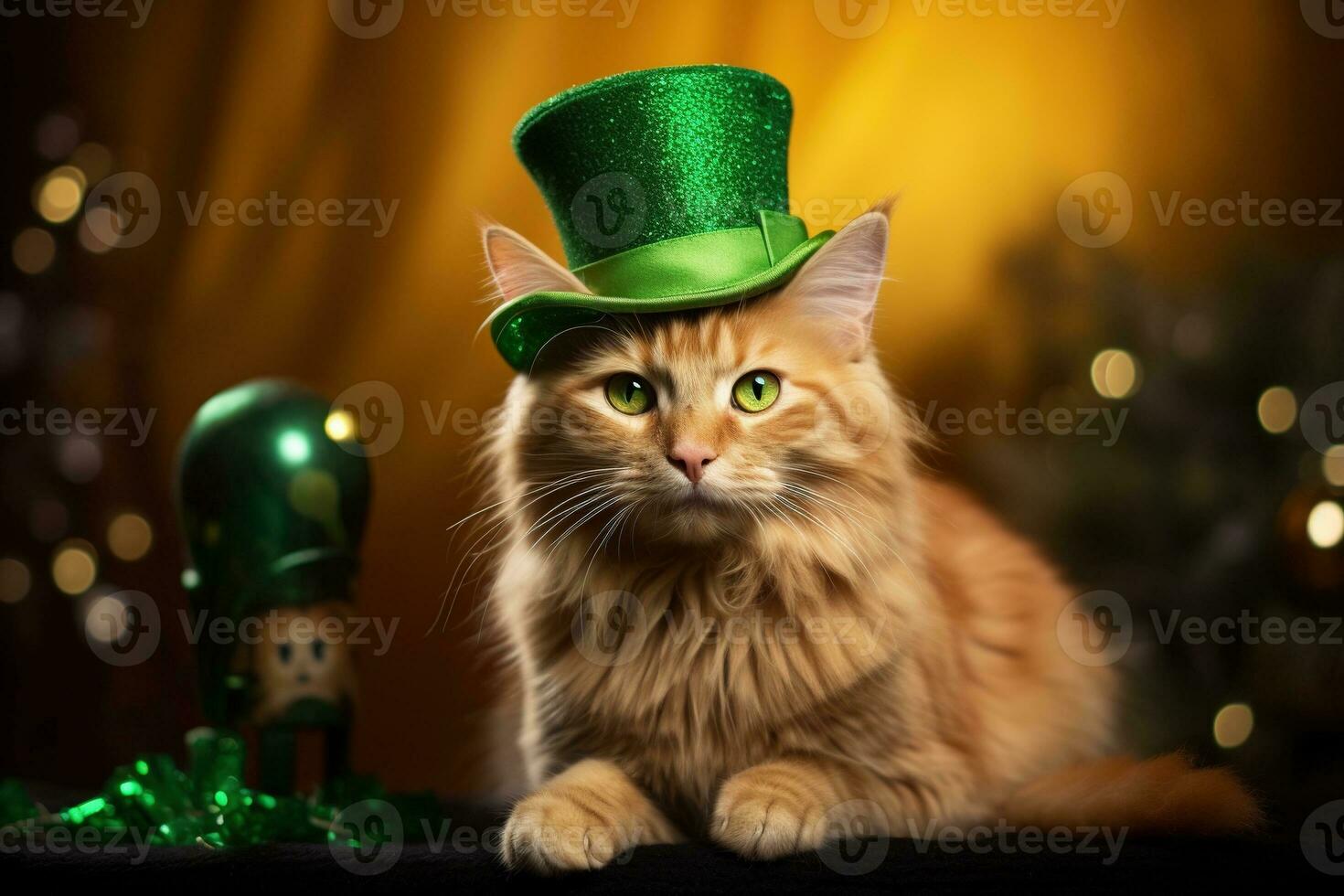 Cute cat wearing a green top hat for St. Patrick's Day. AI generated photo