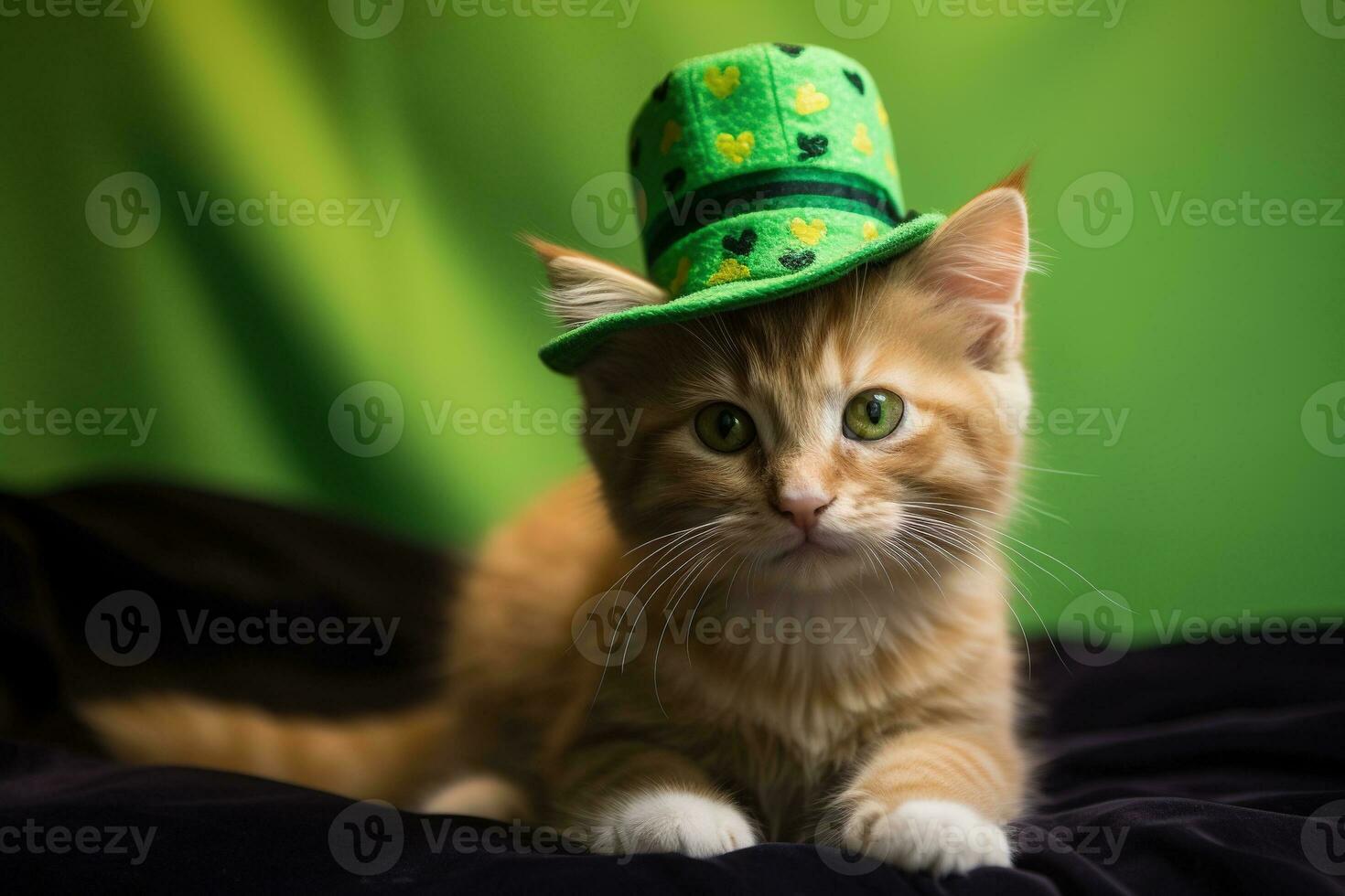 Cute cat wearing a green top hat for St. Patrick's Day. AI generated photo