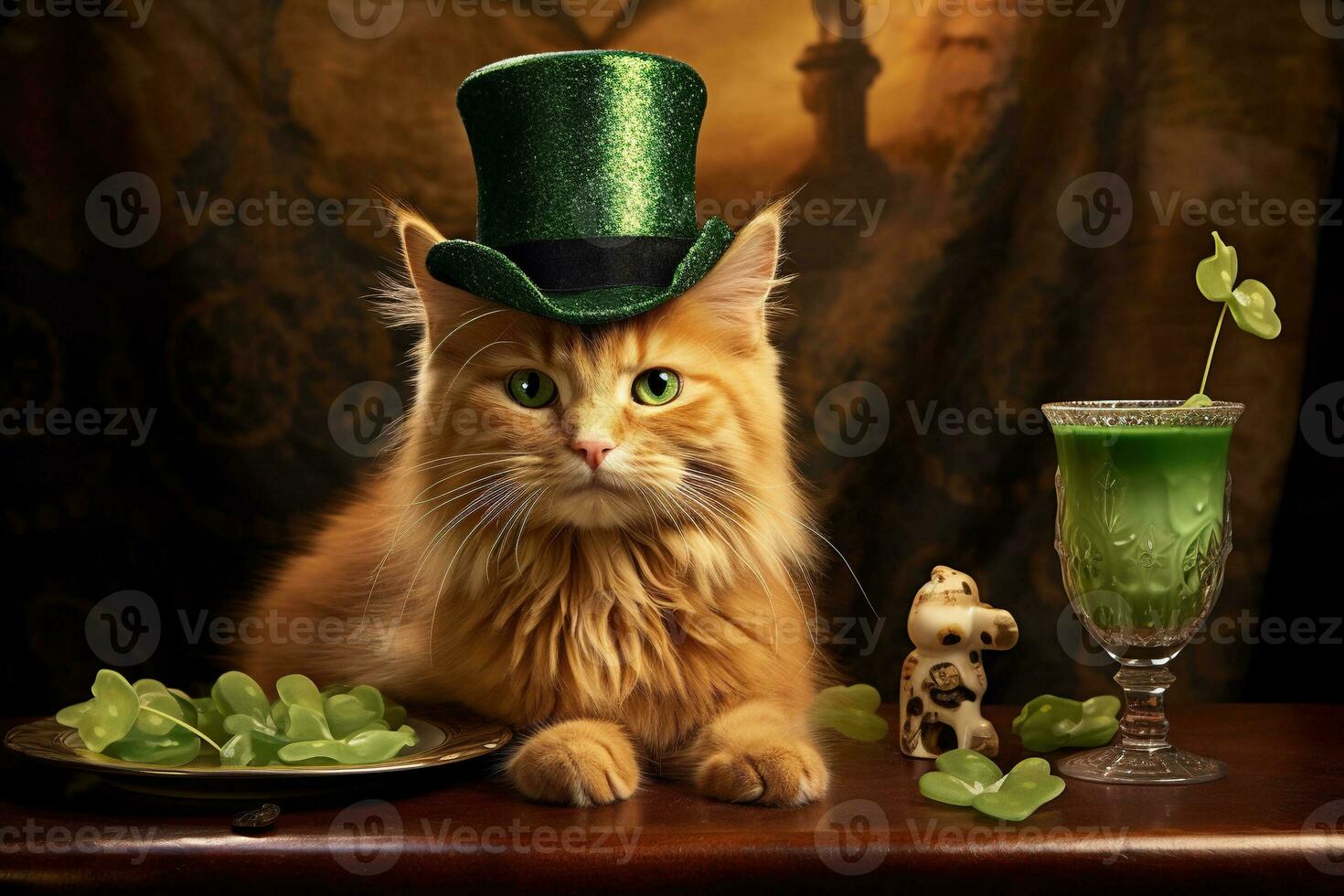 Cute cat wearing a green top hat for St. Patrick's Day. AI generated photo