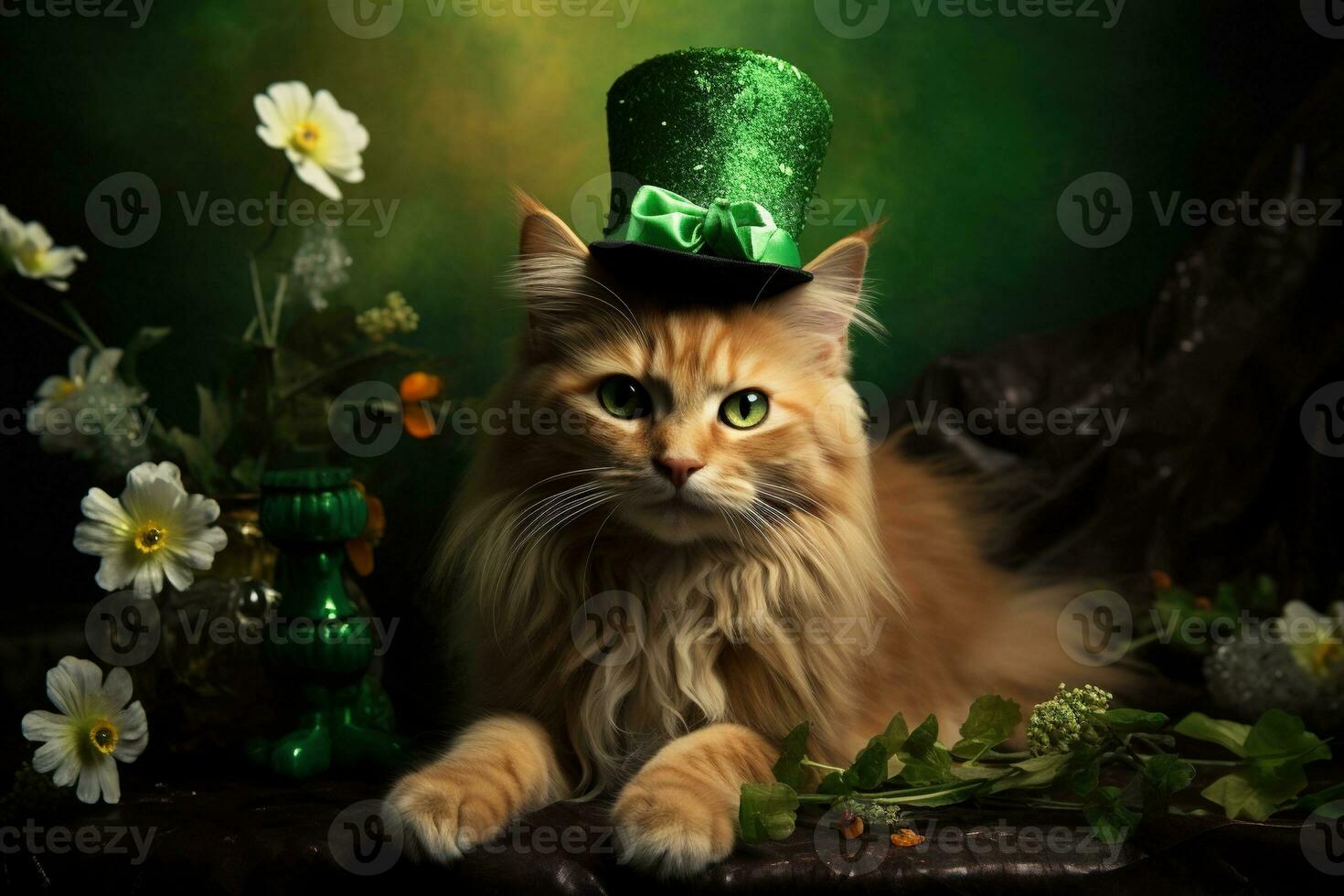 Cute cat wearing a green top hat for St. Patrick's Day. AI generated photo