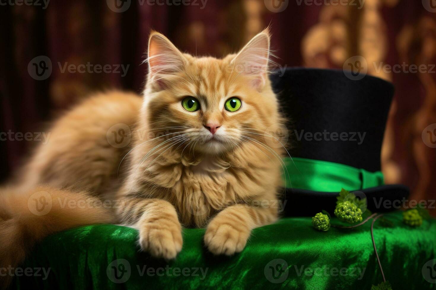 Cute cat wearing a green top hat for St. Patrick's Day. AI generated photo