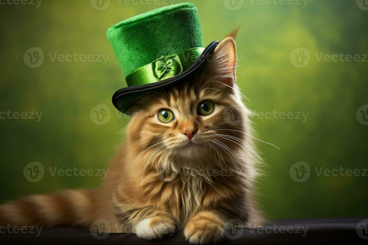 Cute cat wearing a green top hat for St. Patrick's Day. AI generated photo