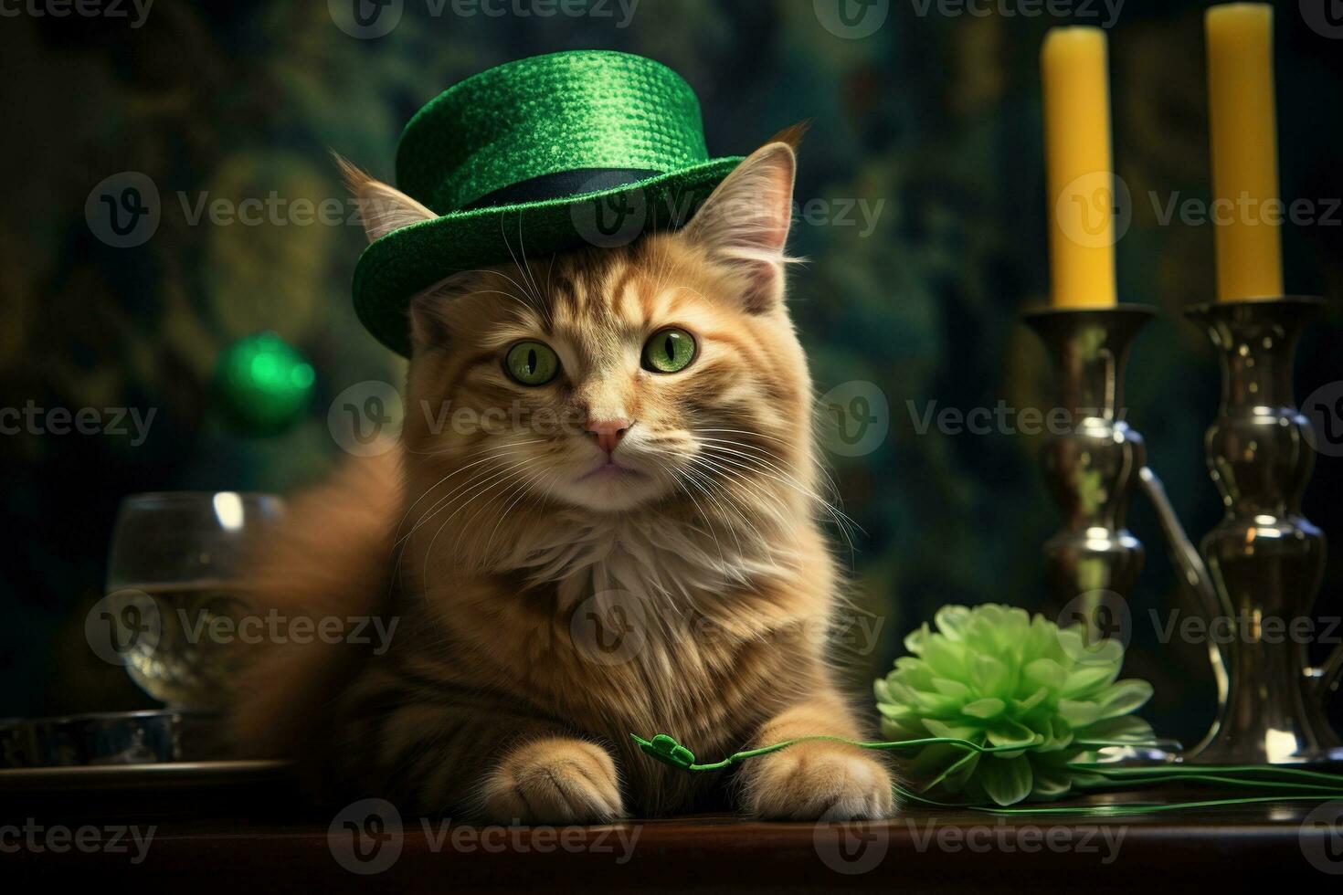 Cute cat wearing a green top hat for St. Patrick's Day. AI generated photo