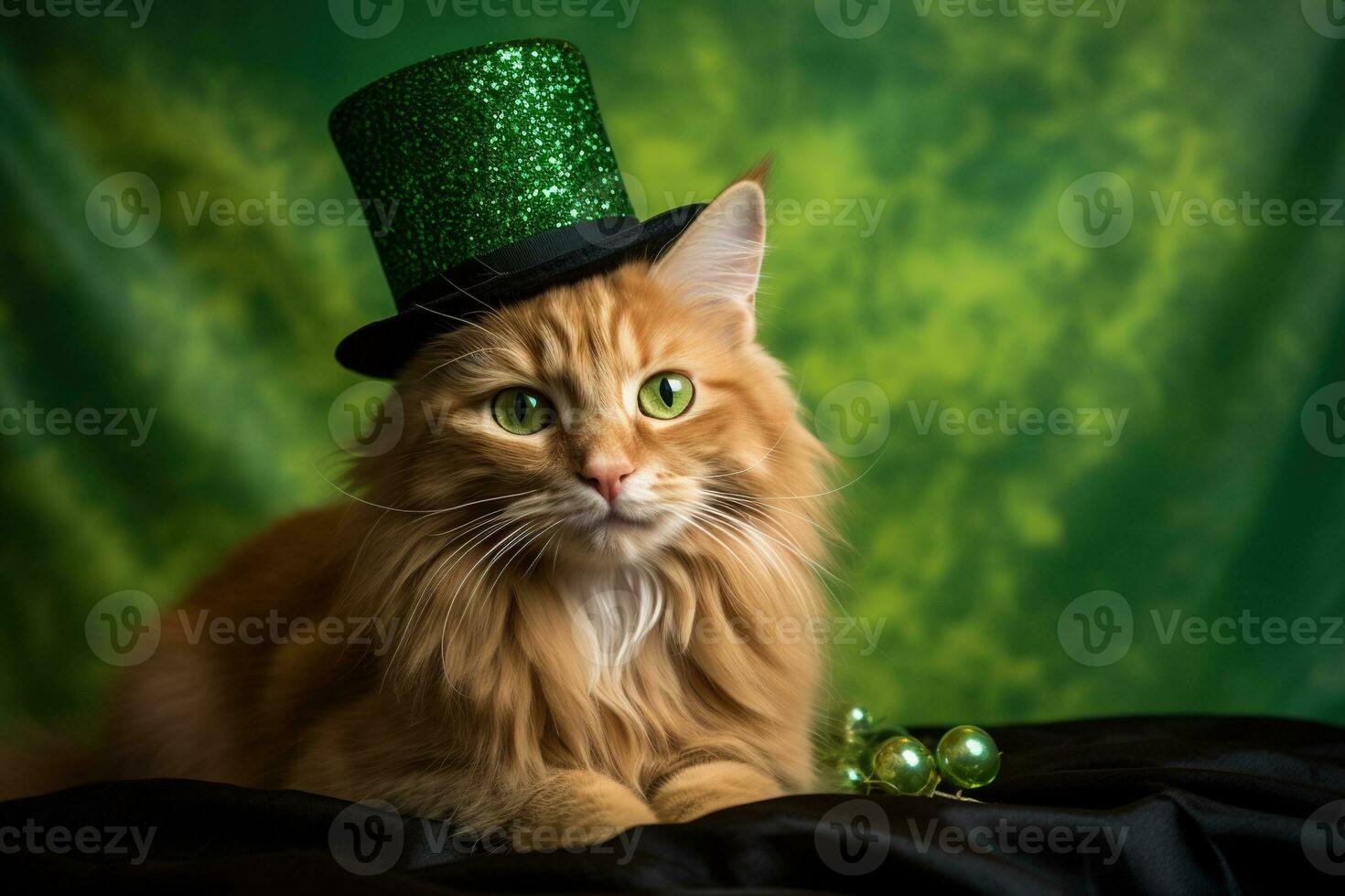 Cute cat wearing a green top hat for St. Patrick's Day. AI generated photo