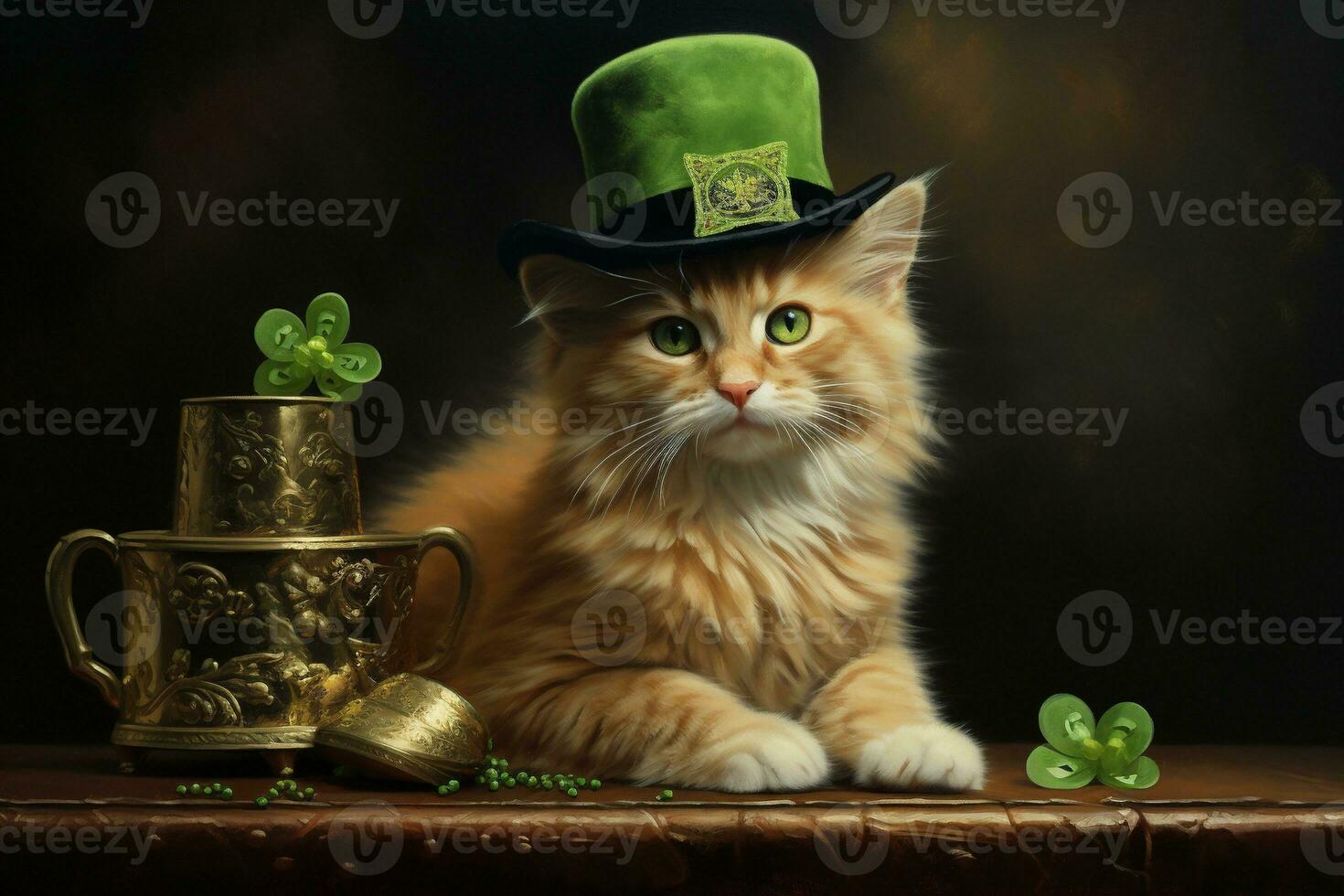 Cute cat wearing a green top hat for St. Patrick's Day. AI generated photo