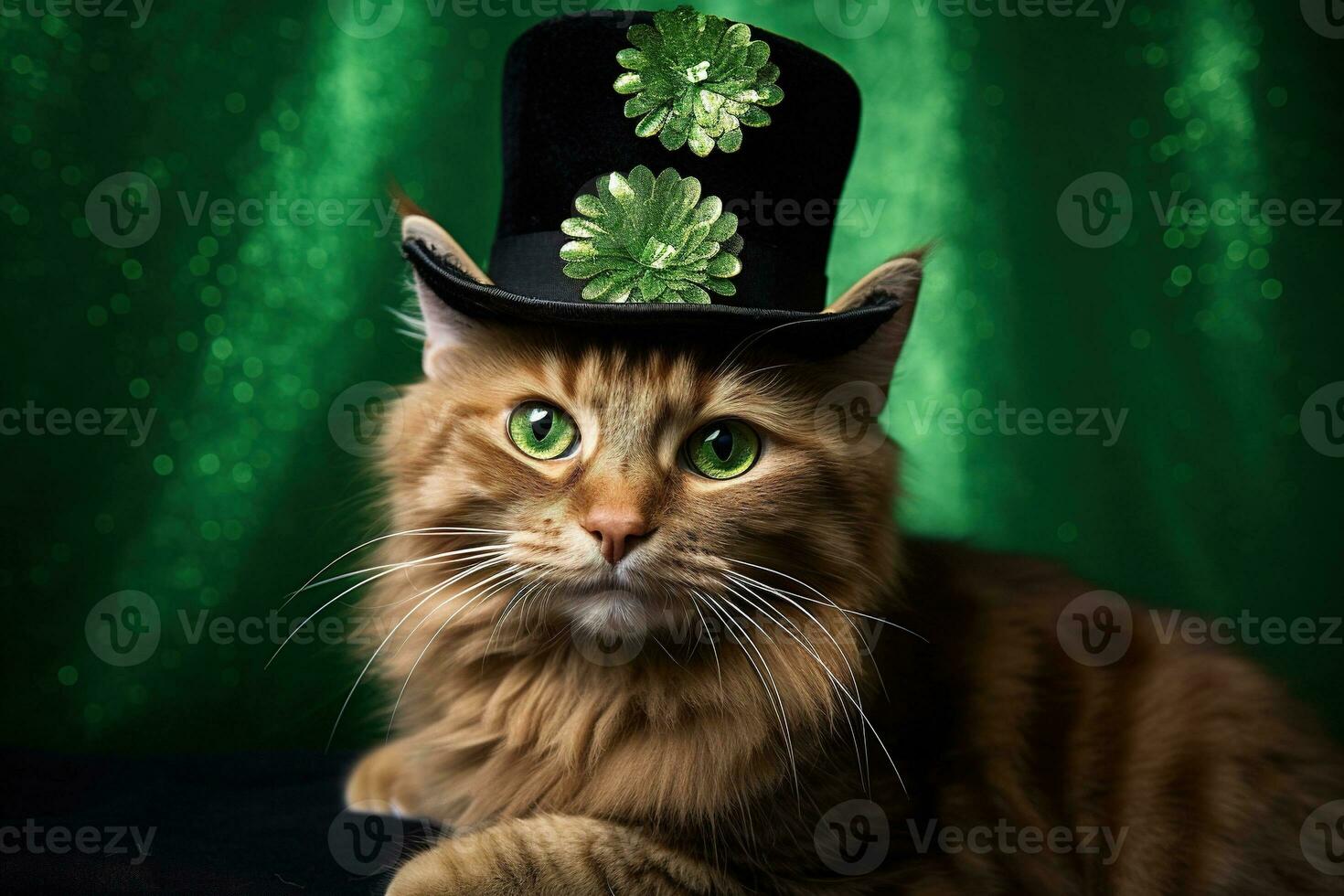 Cute cat wearing a green top hat for St. Patrick's Day. AI generated photo