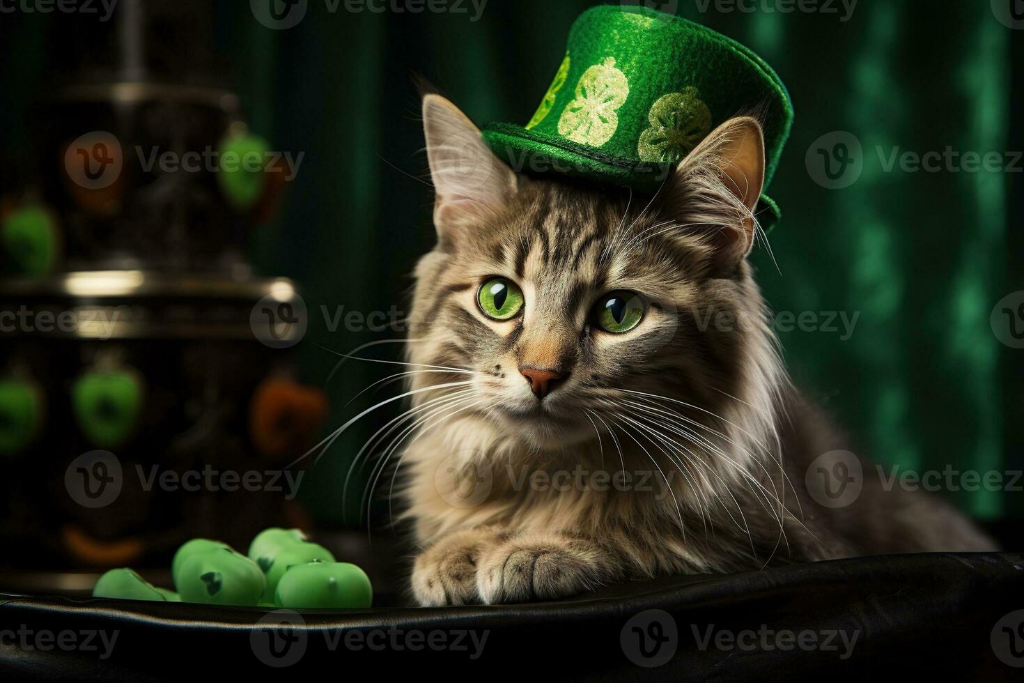 Cute cat wearing a green top hat for St. Patrick's Day. AI generated photo