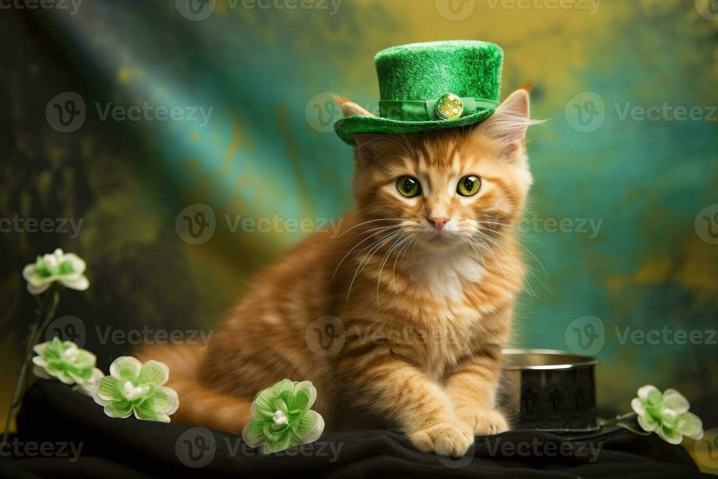 Cute cat wearing a green top hat for St. Patrick's Day. AI generated photo