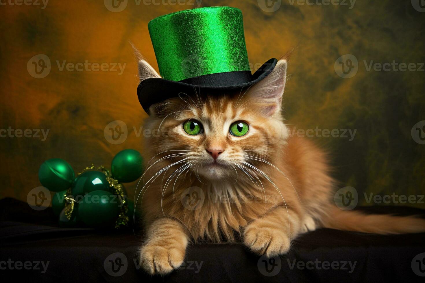 Cute cat wearing a green top hat for St. Patrick's Day. AI generated photo