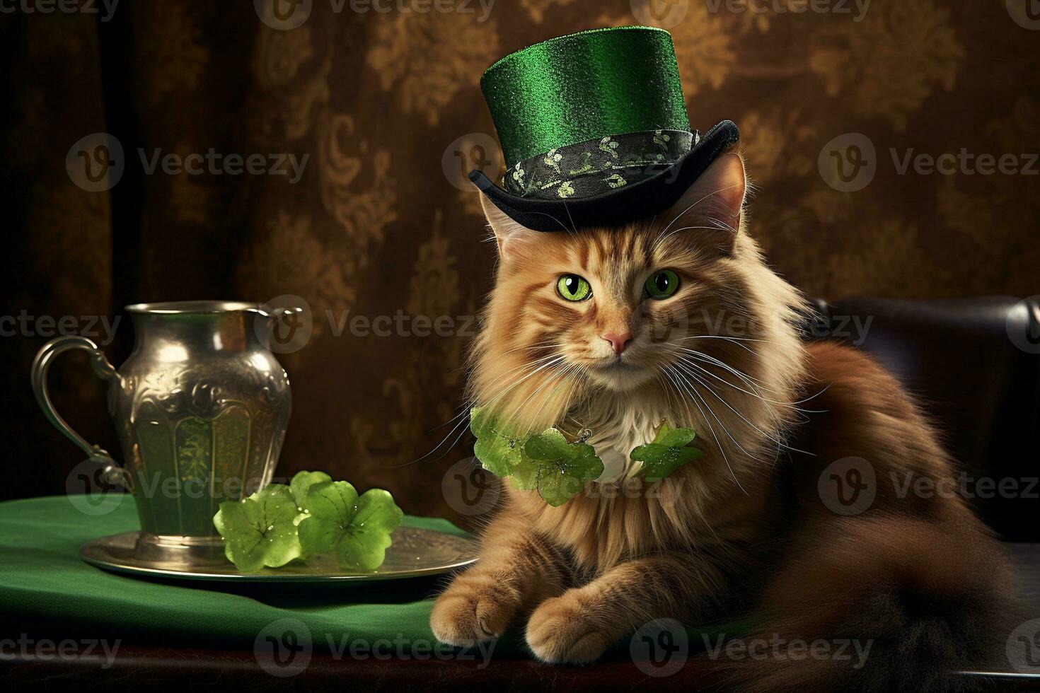 Cute cat wearing a green top hat for St. Patrick's Day. AI generated photo