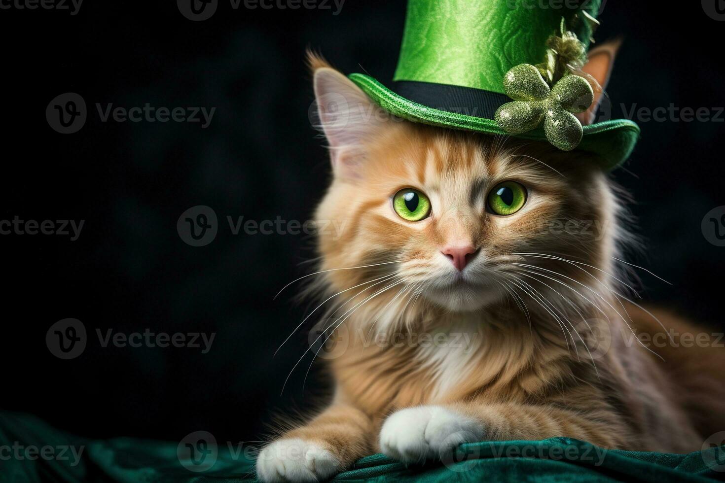 Cute cat wearing a green top hat for St. Patrick's Day. AI generated photo