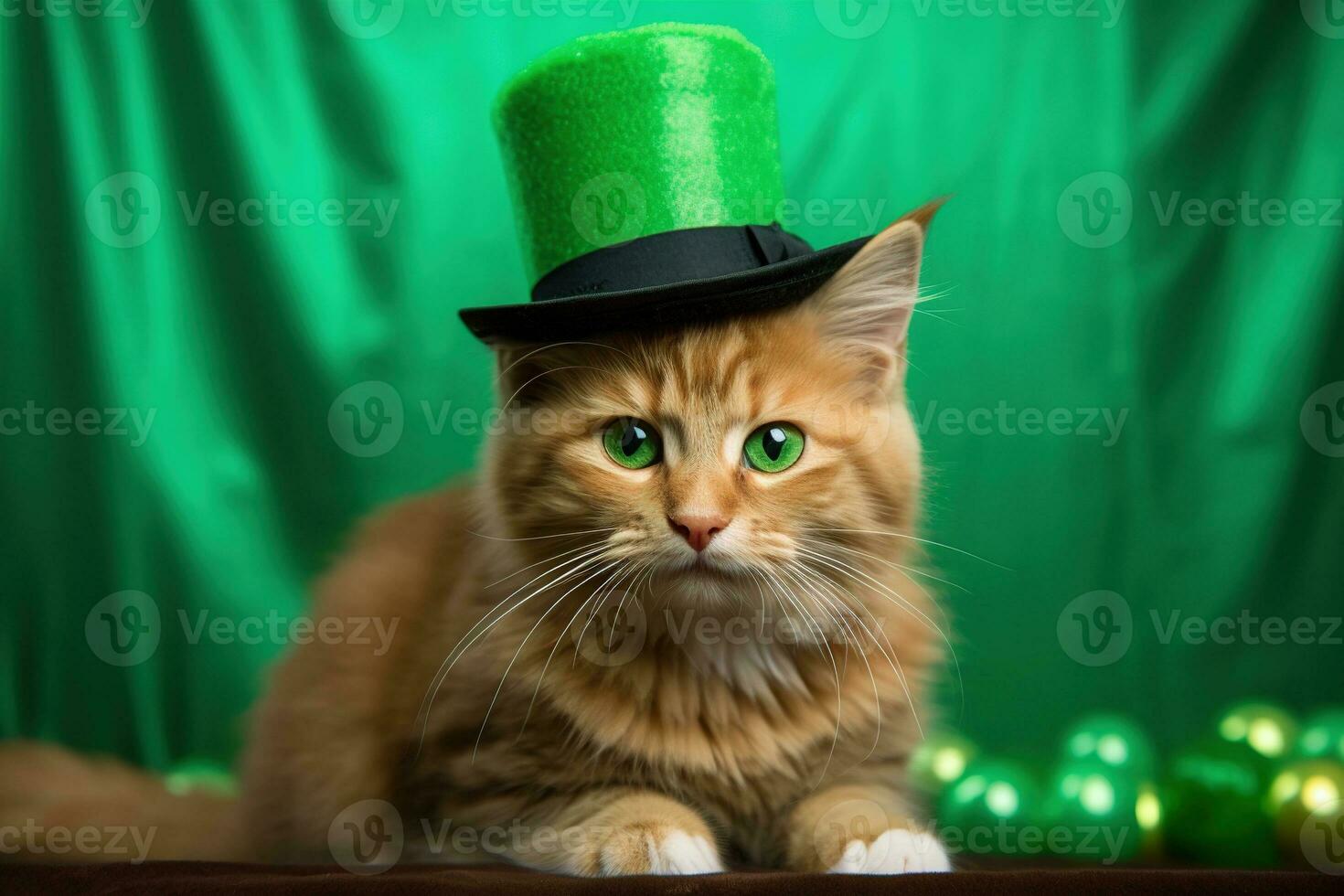 Cute cat wearing a green top hat for St. Patrick's Day. AI generated photo