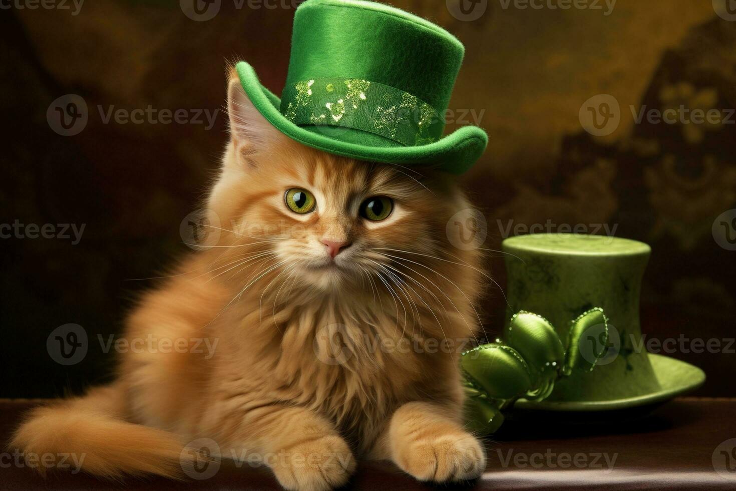 Cute cat wearing a green top hat for St. Patrick's Day. AI generated photo