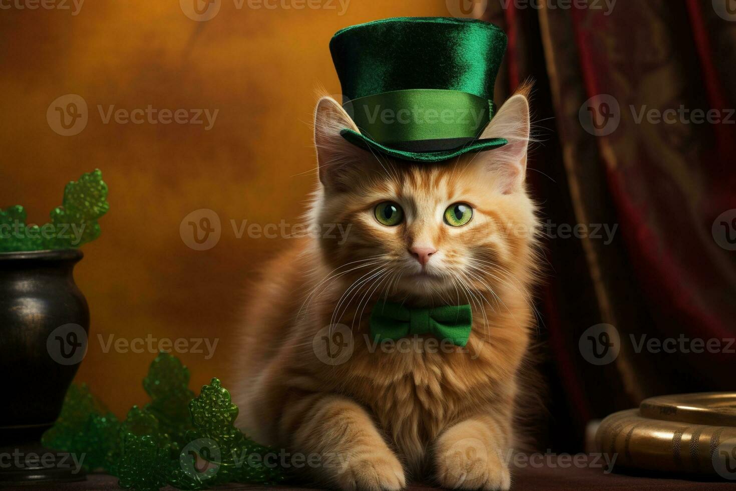 Cute cat wearing a green top hat for St. Patrick's Day. AI generated photo