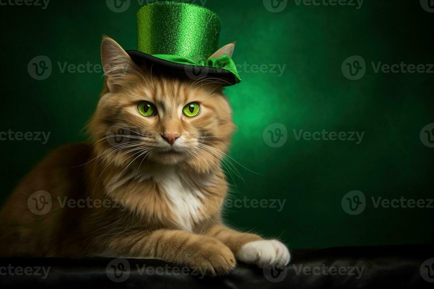 Cute cat wearing a green top hat for St. Patrick's Day. AI generated photo