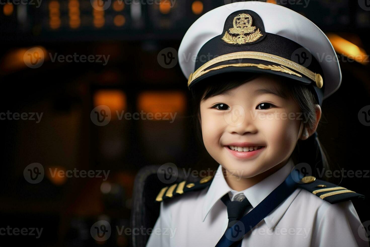 Portrait of a cute asian little girl in a pilot uniform AI generated photo