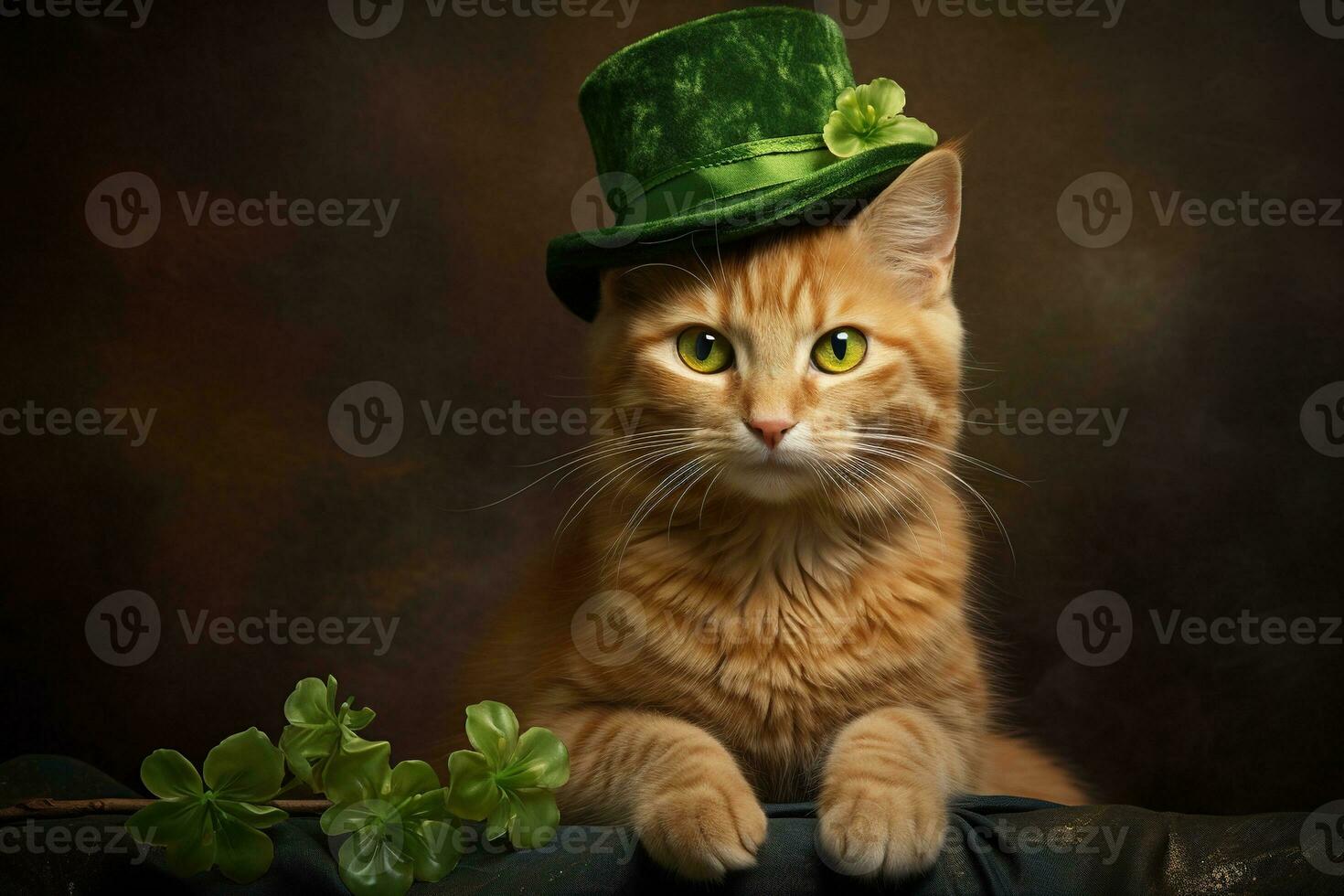 Cute cat wearing a green top hat for St. Patrick's Day. AI generated photo