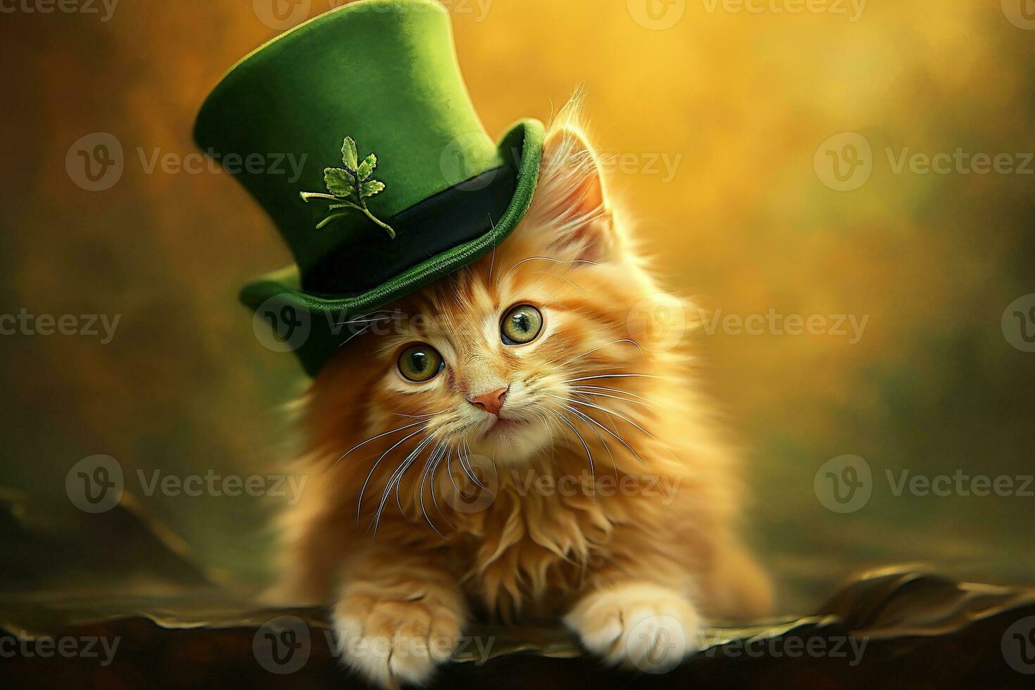 Cute cat wearing a green top hat for St. Patrick's Day. AI generated photo