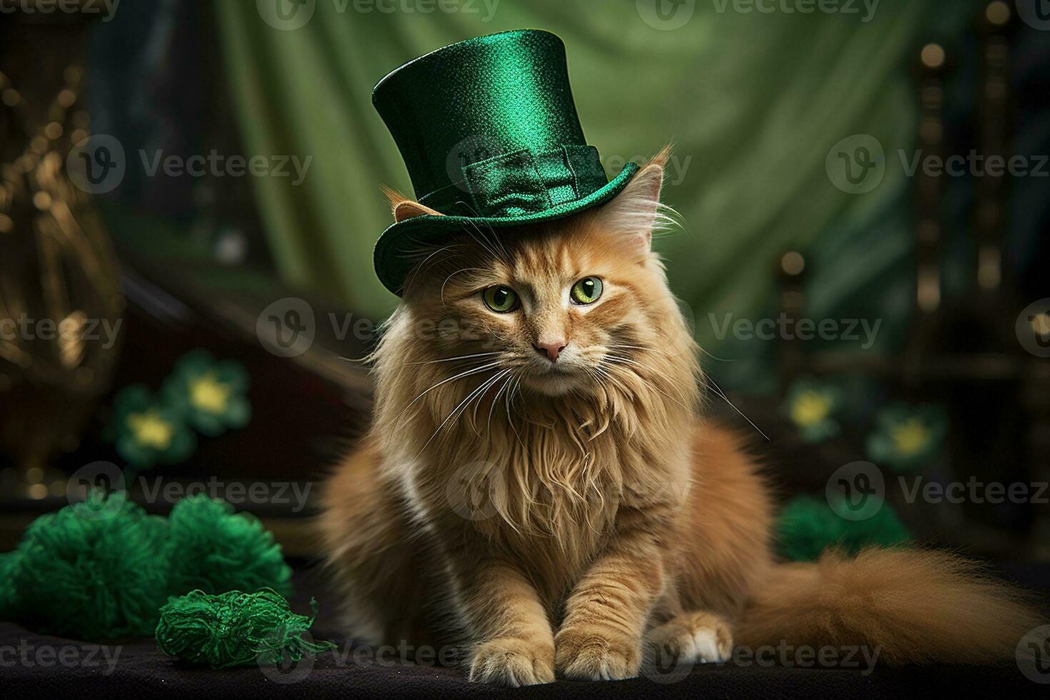 Cute cat wearing a green top hat for St. Patrick's Day. AI generated photo