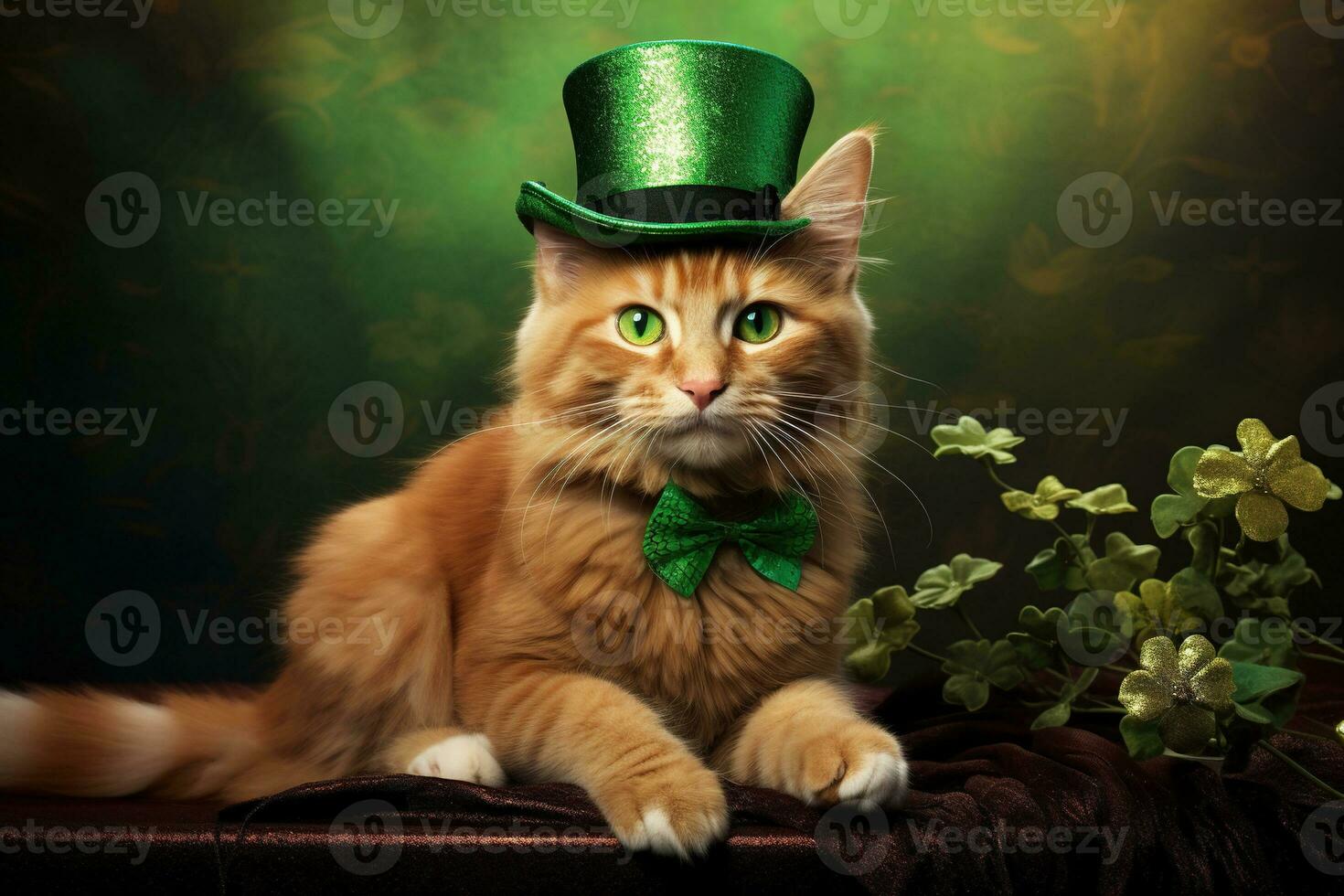 Cute cat wearing a green top hat for St. Patrick's Day. AI generated photo