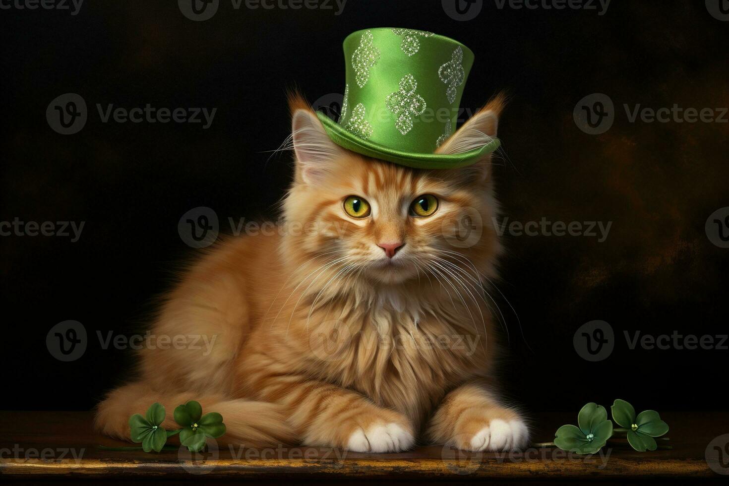 Cute cat wearing a green top hat for St. Patrick's Day. AI generated photo