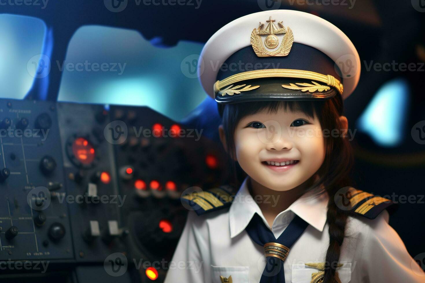 Portrait of a cute asian little girl in a pilot uniform AI generated photo