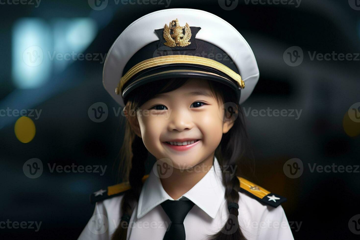 Portrait of a cute asian little girl in a pilot uniform AI generated photo