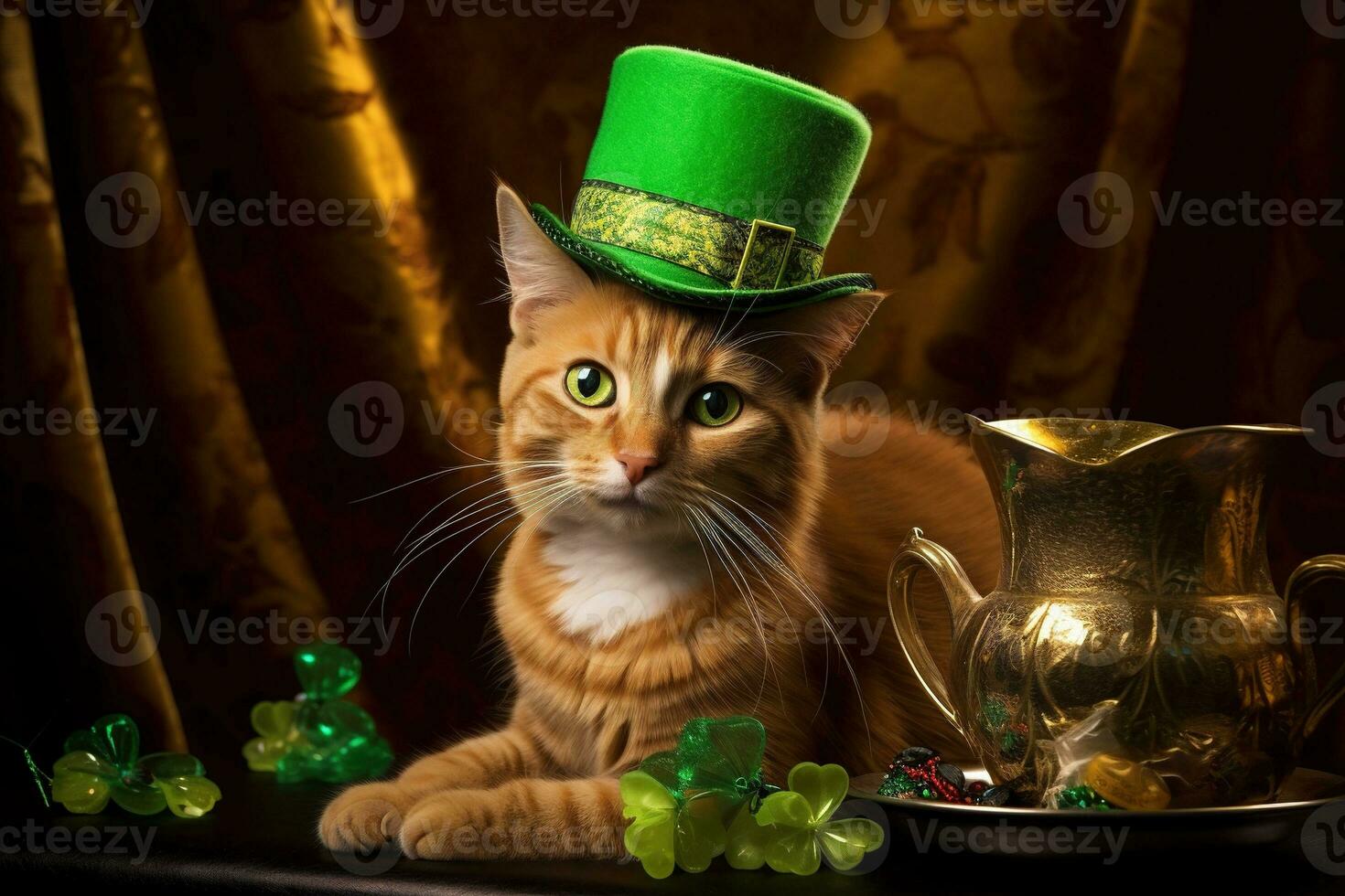 Cute cat wearing a green top hat for St. Patrick's Day. AI generated photo