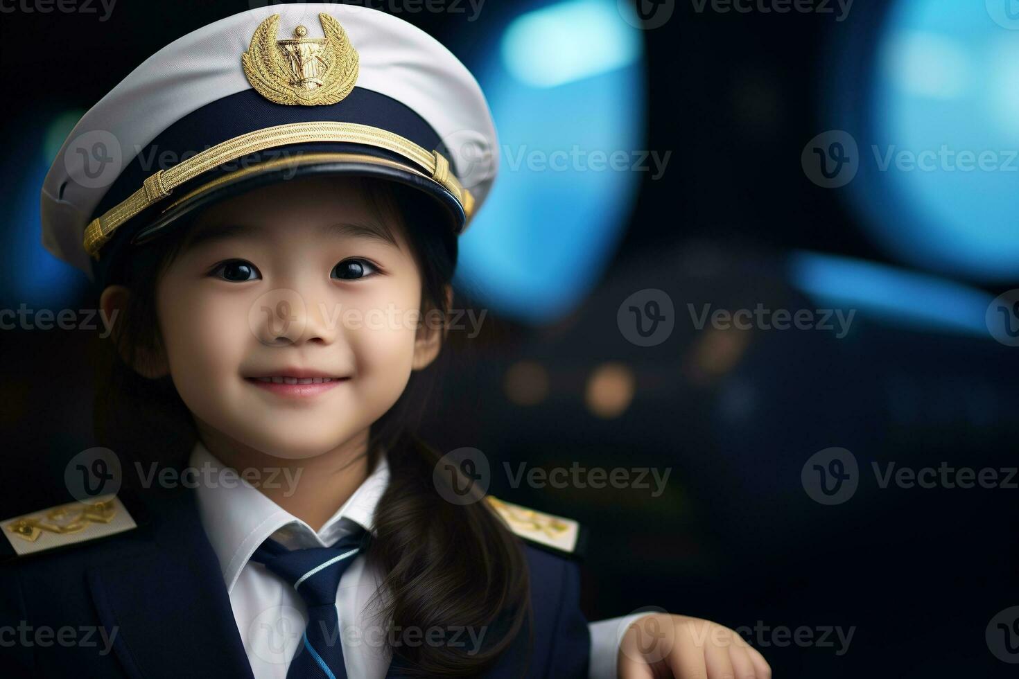 retrato de un linda asiático pequeño niña en un piloto uniforme ai generado foto