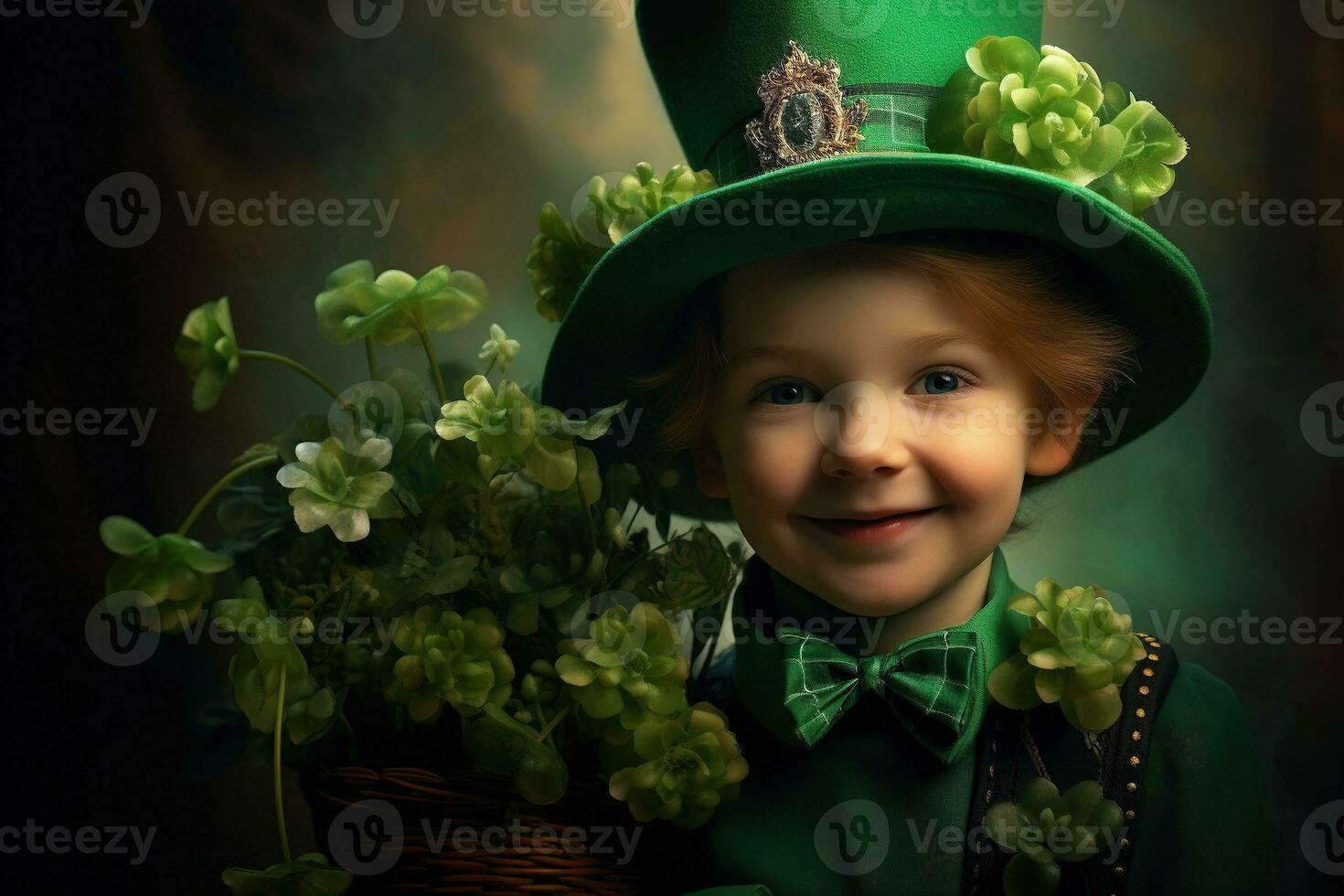 Portrait of a smiling boy in a leprechaun costume. St. Patrick's Day. AI generated photo