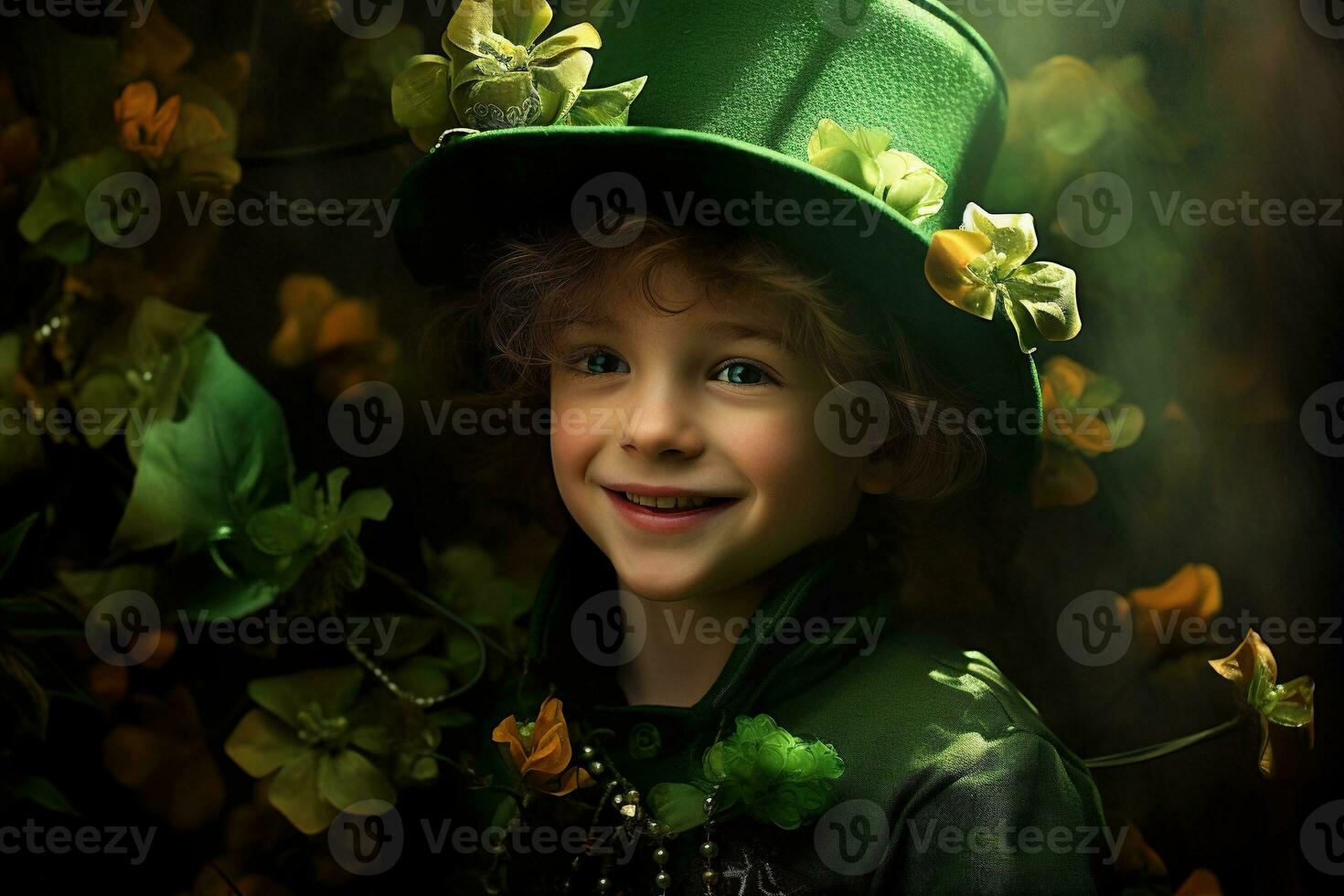 Portrait of a smiling boy in a leprechaun costume. St. Patrick's Day. AI generated photo