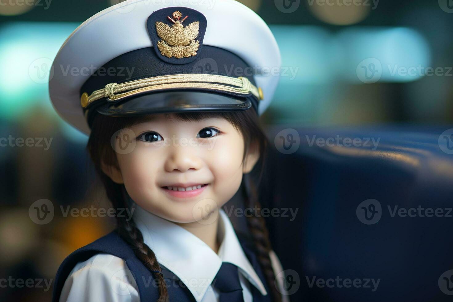 retrato de un linda asiático pequeño niña en un piloto uniforme ai generado foto