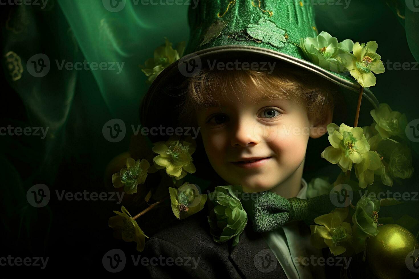 Portrait of a smiling boy in a leprechaun costume. St. Patrick's Day. AI generated photo