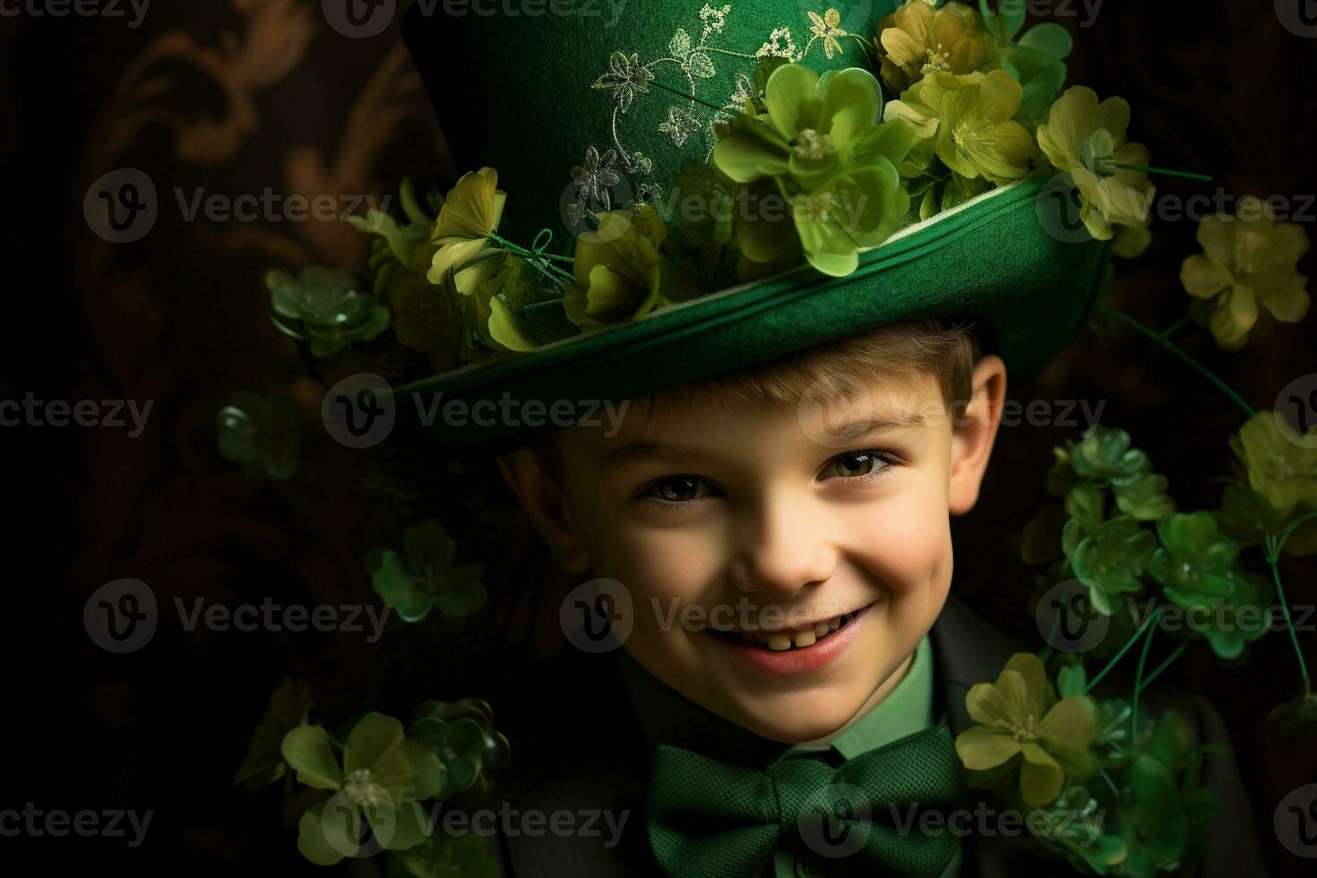 Portrait of a smiling boy in a leprechaun costume. St. Patrick's Day. AI generated photo